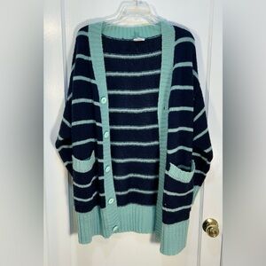 LuLaRoe Women's M Button Up Navy/Teal Vertical Striped Long Sleeve Cardigan